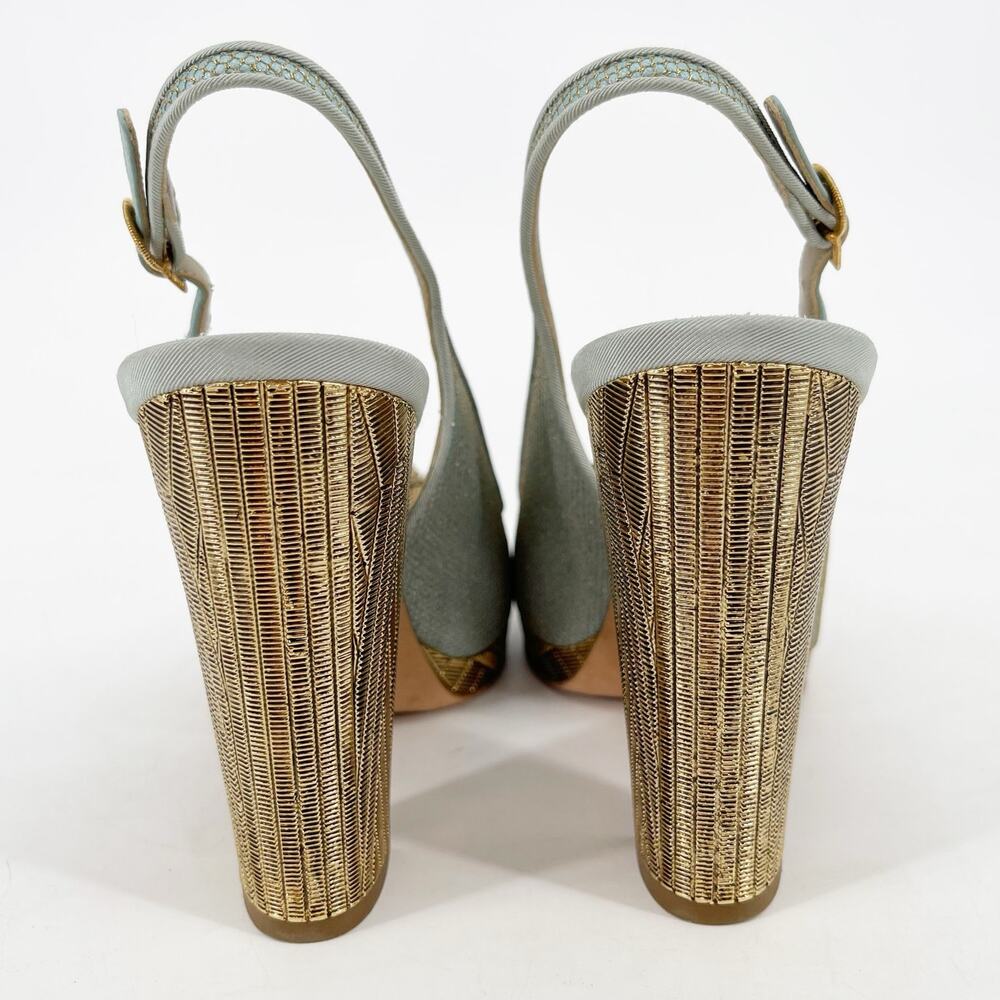 Chanel Cruise 2013 Metallic Gold Teal Satin Camellia Flower Slingback Heels 36C - Picture 7 of 13